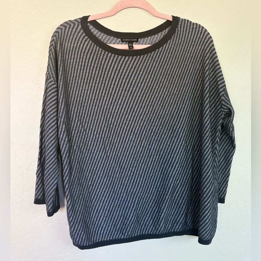 Eileen Fisher Gray Diagonal Stripe Tencel Boatneck Sweater Medium